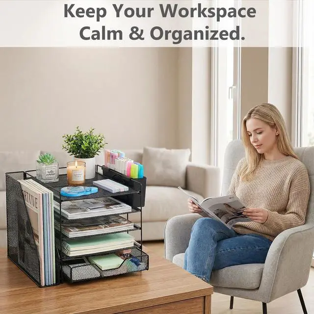 Alt view image 6 of 7 - Desk Organizers and Accessories, 5-Tier Paper Letter Tray Organizer with File Holder, Drawer & Pen Holder, Office Desk Accessories, Desktop Organizer for Classroom Office Supplies, Black