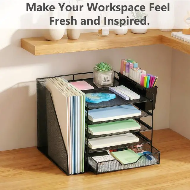 Alt view image 7 of 7 - Desk Organizers and Accessories, 5-Tier Paper Letter Tray Organizer with File Holder, Drawer & Pen Holder, Office Desk Accessories, Desktop Organizer for Classroom Office Supplies, Black