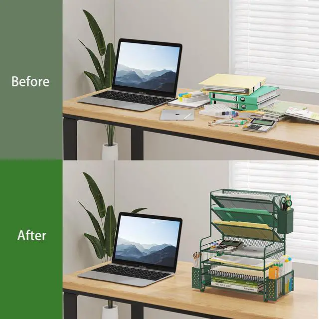 Alt view image 5 of 6 - 7 Tier Desk File Organizer, Letter Tray Paper Organizer with Pen Holder and Metal Hanging Basket, Green
