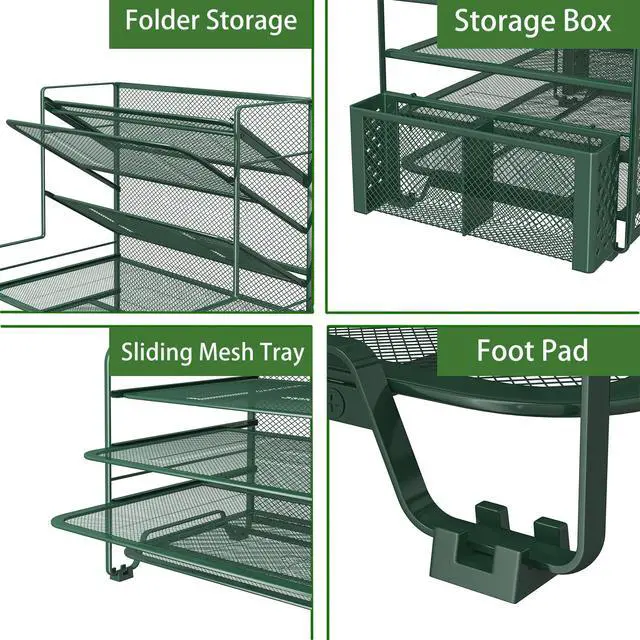 Alt view image 4 of 6 - 7 Tier Desk File Organizer, Letter Tray Paper Organizer with Pen Holder and Metal Hanging Basket, Green