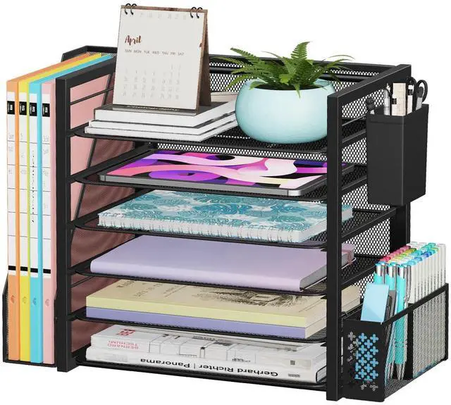 Main image of 6 Tier Desk File Organizer, Paper Letter Tray Organizer with File Holder and Pen Container, Black