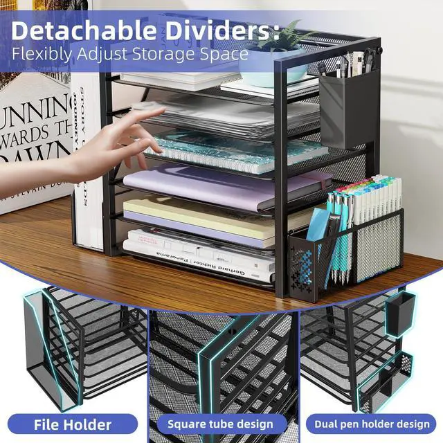 Alt view image 5 of 7 - 6 Tier Desk File Organizer, Paper Letter Tray Organizer with File Holder and Pen Container, Black