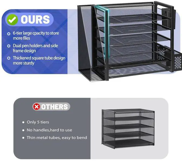 Alt view image 4 of 7 - 6 Tier Desk File Organizer, Paper Letter Tray Organizer with File Holder and Pen Container, Black