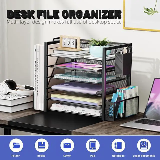 Alt view image 6 of 7 - 6 Tier Desk File Organizer, Paper Letter Tray Organizer with File Holder and Pen Container, Black