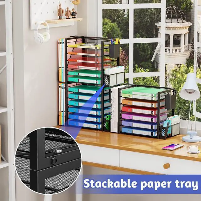 Alt view image 7 of 7 - 6 Tier Desk File Organizer, Paper Letter Tray Organizer with File Holder and Pen Container, Black