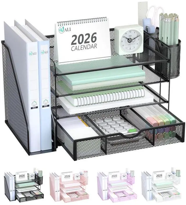 Main image of Desk File Organizer, 4 Tier Desktop Paper Letter Tray Organizer with Drawer and 2 Pen Holders, Office Desk Accessories & Workspace Organizers for Office, Home Supplies(DO005DH-B), 1 Pack, Black