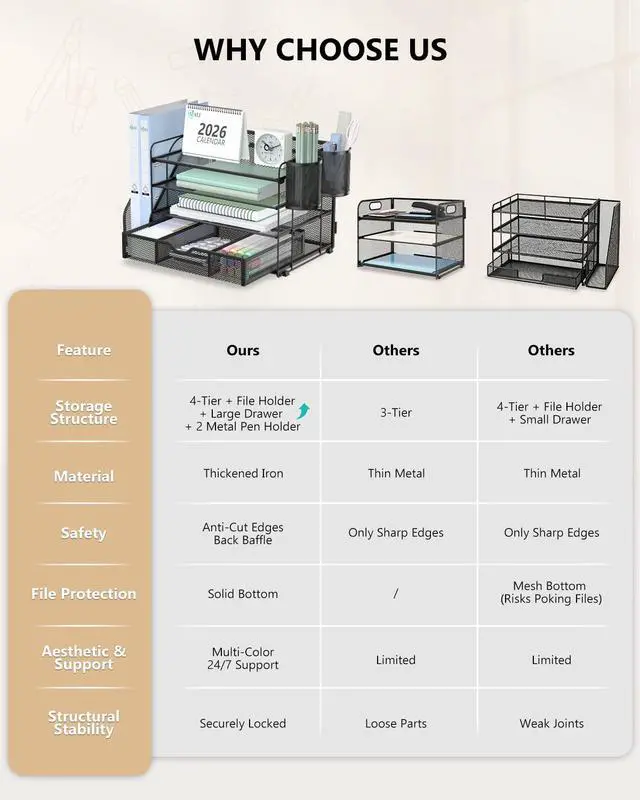 Alt view image 7 of 7 - Desk File Organizer, 4 Tier Desktop Paper Letter Tray Organizer with Drawer and 2 Pen Holders, Office Desk Accessories & Workspace Organizers for Office, Home Supplies(DO005DH-B), 1 Pack, Black