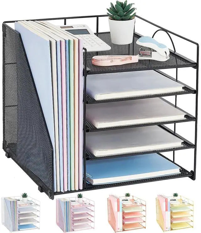 Main image of Desk Organizers and Accessories, 5-Tier Paper Letter Tray Organizer with File Holder, Desktop Organizer for Office Supplies (Black)
