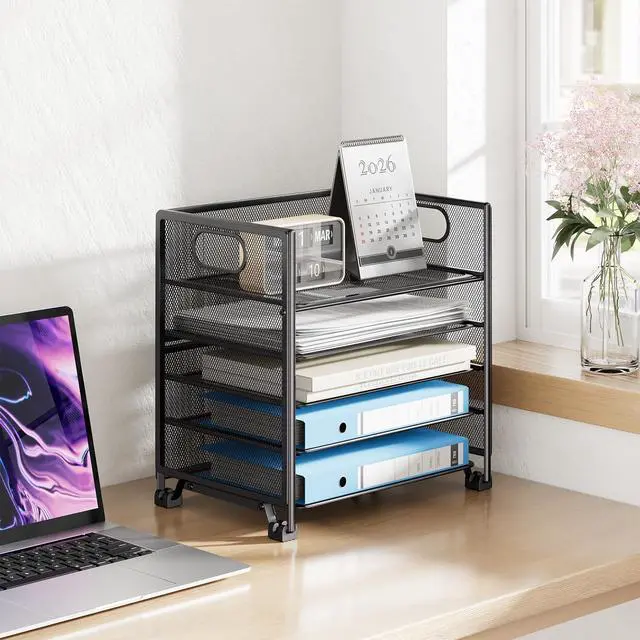Alt view image 2 of 7 - 5-Tier Paper Organizer for Desk Letter Tray & File Holder with Handle, Metal Mesh Desktop Document Shelf for Office, Black