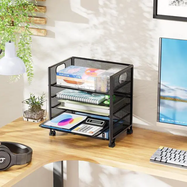 Alt view image 6 of 7 - 5-Tier Paper Organizer for Desk Letter Tray & File Holder with Handle, Metal Mesh Desktop Document Shelf for Office, Black