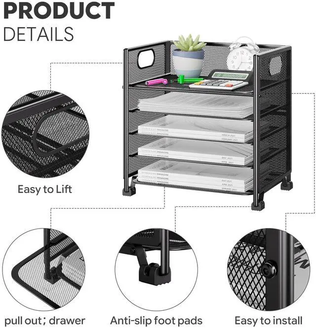 Alt view image 4 of 7 - 5-Tier Paper Organizer for Desk Letter Tray & File Holder with Handle, Metal Mesh Desktop Document Shelf for Office, Black