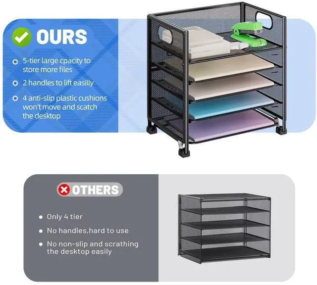 Alt view image 5 of 7 - 5-Tier Paper Organizer for Desk Letter Tray & File Holder with Handle, Metal Mesh Desktop Document Shelf for Office, Black