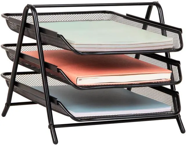 Main image of 3-Tier Paper Tray, Desktop Organizer, File Storage, Workspace, Office, Metal Mesh, 11.75"L x 13.75"W x 10"H, Black