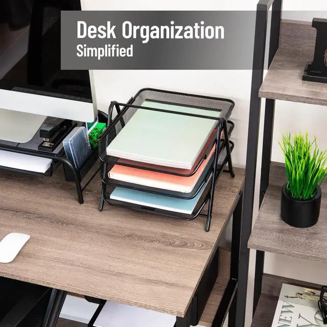Alt view image 2 of 7 - 3-Tier Paper Tray, Desktop Organizer, File Storage, Workspace, Office, Metal Mesh, 11.75"L x 13.75"W x 10"H, Black