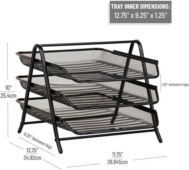 Alt view image 3 of 7 - 3-Tier Paper Tray, Desktop Organizer, File Storage, Workspace, Office, Metal Mesh, 11.75"L x 13.75"W x 10"H, Black