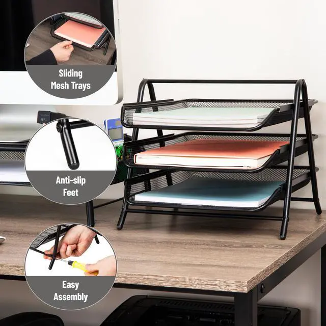 Alt view image 4 of 7 - 3-Tier Paper Tray, Desktop Organizer, File Storage, Workspace, Office, Metal Mesh, 11.75"L x 13.75"W x 10"H, Black