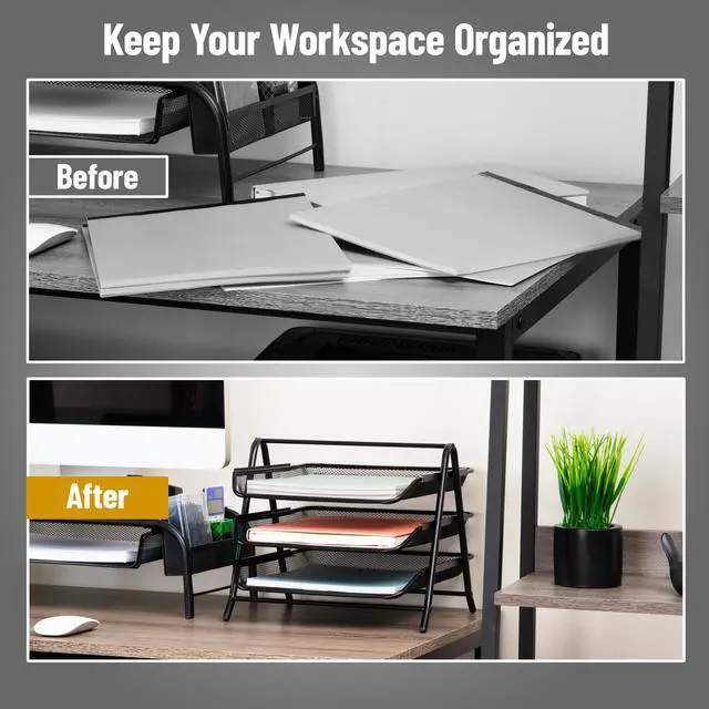 Alt view image 5 of 7 - 3-Tier Paper Tray, Desktop Organizer, File Storage, Workspace, Office, Metal Mesh, 11.75"L x 13.75"W x 10"H, Black