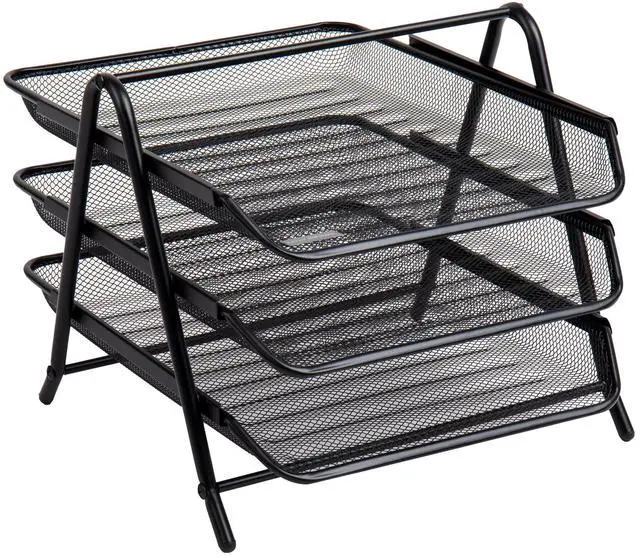 Alt view image 7 of 7 - 3-Tier Paper Tray, Desktop Organizer, File Storage, Workspace, Office, Metal Mesh, 11.75"L x 13.75"W x 10"H, Black