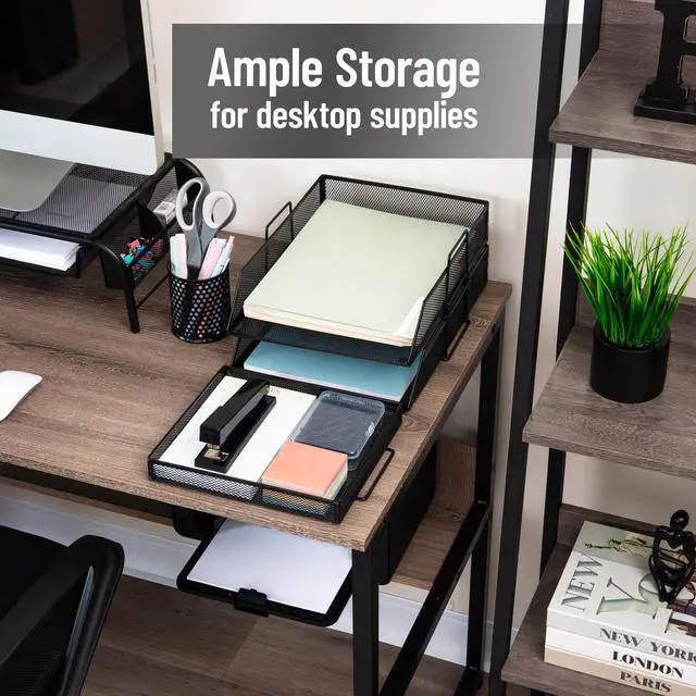 Alt view image 6 of 7 - 2 Tier Paper Tray with Top Supply Compartment, Desktop File Organizer, Metal Mesh, Black