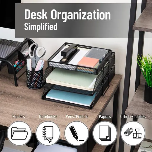 Alt view image 2 of 7 - 2 Tier Paper Tray with Top Supply Compartment, Desktop File Organizer, Metal Mesh, Black