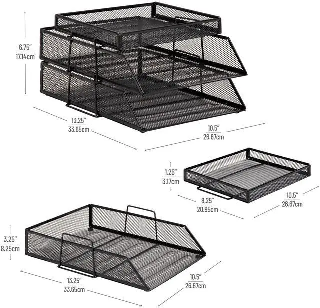Alt view image 3 of 7 - 2 Tier Paper Tray with Top Supply Compartment, Desktop File Organizer, Metal Mesh, Black