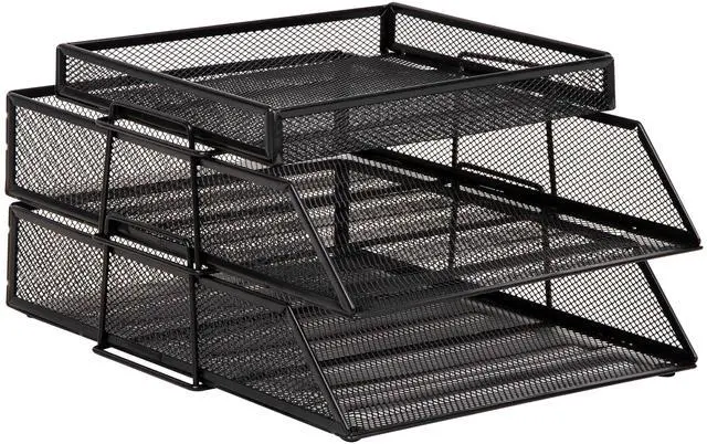 Alt view image 7 of 7 - 2 Tier Paper Tray with Top Supply Compartment, Desktop File Organizer, Metal Mesh, Black