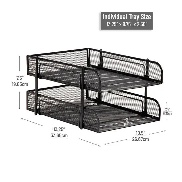 Alt view image 3 of 7 - Stackable Paper Tray, Desktop Organizer, File Storage, Office, Metal Mesh, 2 Pcs, Black