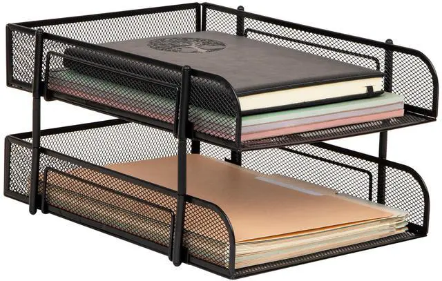 Main image of Stackable Paper Tray, Desktop Organizer, File Storage, Office, Metal Mesh, 2 Pcs, Black