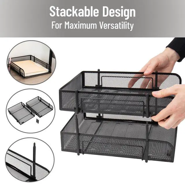 Alt view image 4 of 7 - Stackable Paper Tray, Desktop Organizer, File Storage, Office, Metal Mesh, 2 Pcs, Black