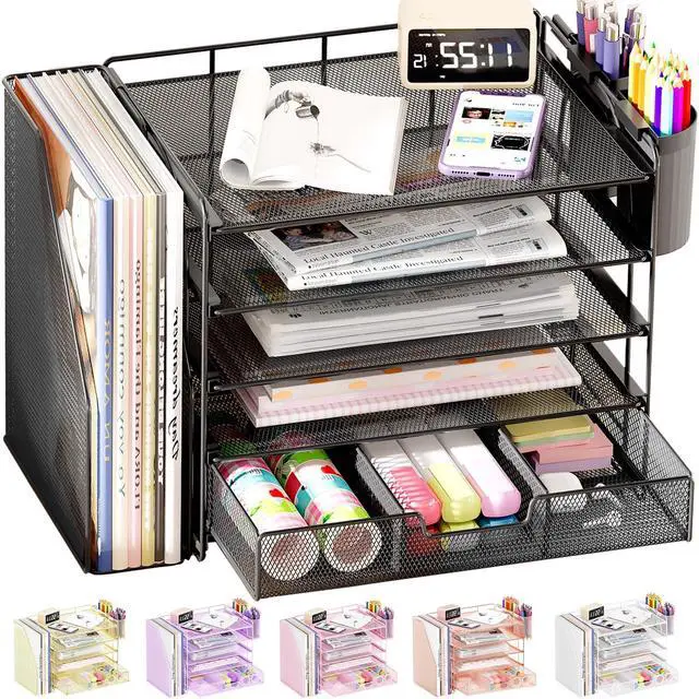 Main image of Desk Organizer, 5-Tier Paper File Organizer with Drawer & Pen Holder, Office Desk Accessories, Workspace Desktop Organizer for Office Supplies(Black)