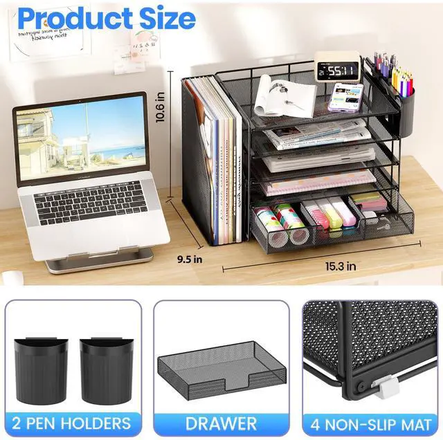 Alt view image 2 of 7 - Desk Organizer, 5-Tier Paper File Organizer with Drawer & Pen Holder, Office Desk Accessories, Workspace Desktop Organizer for Office Supplies(Black)