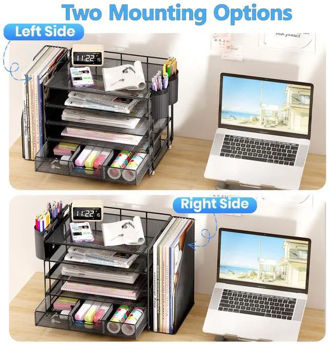 Alt view image 3 of 7 - Desk Organizer, 5-Tier Paper File Organizer with Drawer & Pen Holder, Office Desk Accessories, Workspace Desktop Organizer for Office Supplies(Black)
