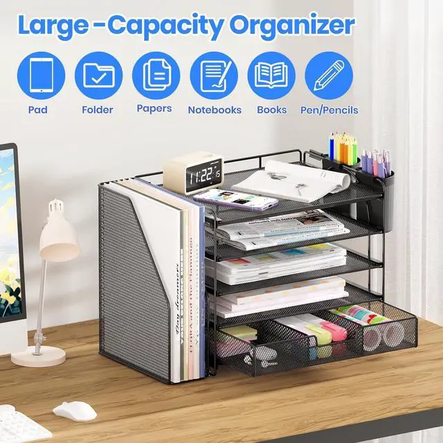 Alt view image 4 of 7 - Desk Organizer, 5-Tier Paper File Organizer with Drawer & Pen Holder, Office Desk Accessories, Workspace Desktop Organizer for Office Supplies(Black)
