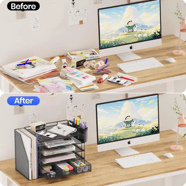 Alt view image 5 of 7 - Desk Organizer, 5-Tier Paper File Organizer with Drawer & Pen Holder, Office Desk Accessories, Workspace Desktop Organizer for Office Supplies(Black)