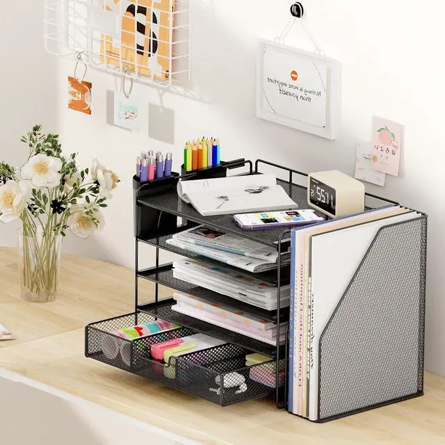 Alt view image 6 of 7 - Desk Organizer, 5-Tier Paper File Organizer with Drawer & Pen Holder, Office Desk Accessories, Workspace Desktop Organizer for Office Supplies(Black)