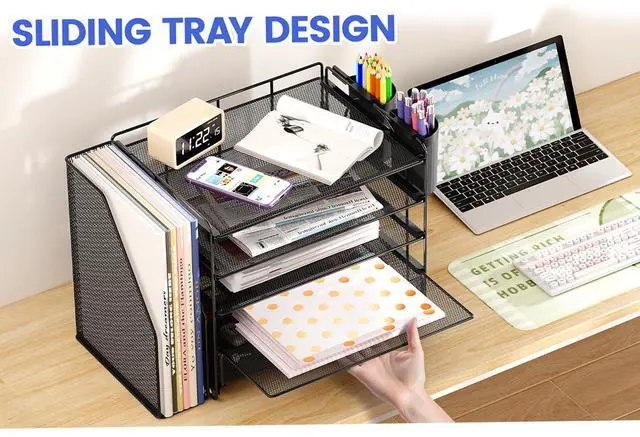 Alt view image 7 of 7 - Desk Organizer, 5-Tier Paper File Organizer with Drawer & Pen Holder, Office Desk Accessories, Workspace Desktop Organizer for Office Supplies(Black)