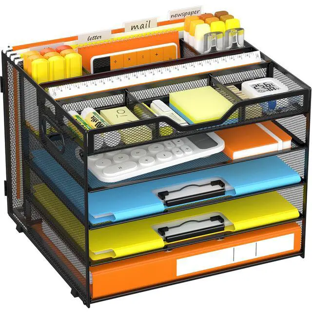 Main image of 5 Tier Letter Tray with Hanging File Organizer-Mesh Desk Organizer-Desktop Storage Box Built in Pen Holder and Handles, File Folder Holder for Mail Documents Office Supplies-Black