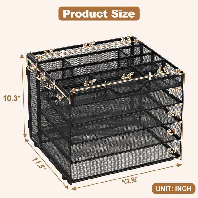 Alt view image 2 of 6 - 5 Tier Letter Tray with Hanging File Organizer-Mesh Desk Organizer-Desktop Storage Box Built in Pen Holder and Handles, File Folder Holder for Mail Documents Office Supplies-Black