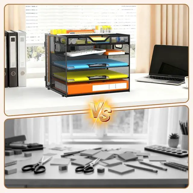 Alt view image 5 of 6 - 5 Tier Letter Tray with Hanging File Organizer-Mesh Desk Organizer-Desktop Storage Box Built in Pen Holder and Handles, File Folder Holder for Mail Documents Office Supplies-Black