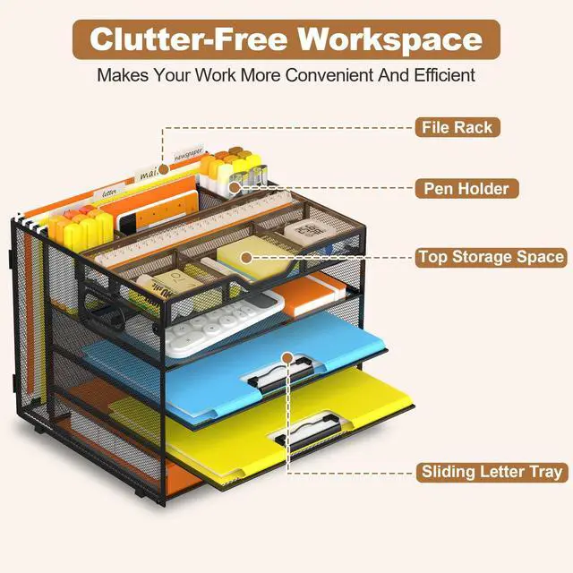 Alt view image 4 of 6 - 5 Tier Letter Tray with Hanging File Organizer-Mesh Desk Organizer-Desktop Storage Box Built in Pen Holder and Handles, File Folder Holder for Mail Documents Office Supplies-Black