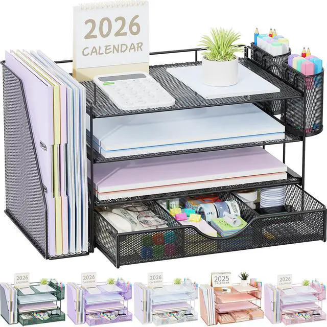 Main image of Desk Organizers and Accessories with File Holder, 4-Tier Desk Accessories & Workspace Organizers with Drawer and 2 Pen Holder, Paper Organizer for Office Supplies (Black)