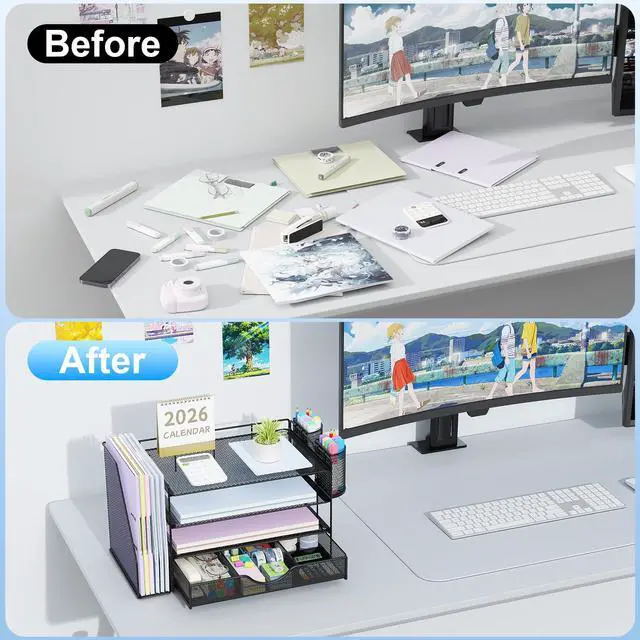 Alt view image 2 of 7 - Desk Organizers and Accessories with File Holder, 4-Tier Desk Accessories & Workspace Organizers with Drawer and 2 Pen Holder, Paper Organizer for Office Supplies (Black)