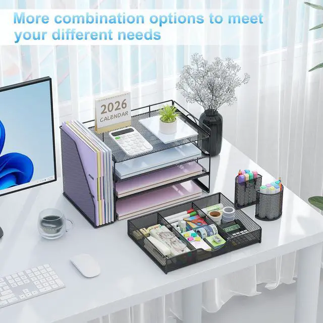 Alt view image 3 of 7 - Desk Organizers and Accessories with File Holder, 4-Tier Desk Accessories & Workspace Organizers with Drawer and 2 Pen Holder, Paper Organizer for Office Supplies (Black)