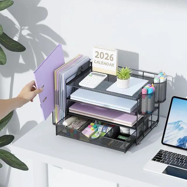 Alt view image 6 of 7 - Desk Organizers and Accessories with File Holder, 4-Tier Desk Accessories & Workspace Organizers with Drawer and 2 Pen Holder, Paper Organizer for Office Supplies (Black)