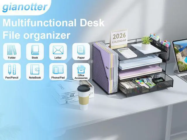 Alt view image 4 of 7 - Desk Organizers and Accessories with File Holder, 4-Tier Desk Accessories & Workspace Organizers with Drawer and 2 Pen Holder, Paper Organizer for Office Supplies (Black)