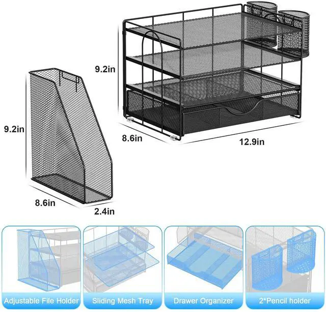 Alt view image 5 of 7 - Desk Organizers and Accessories with File Holder, 4-Tier Desk Accessories & Workspace Organizers with Drawer and 2 Pen Holder, Paper Organizer for Office Supplies (Black)