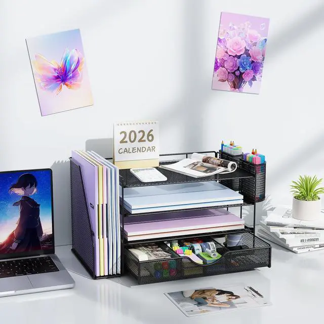 Alt view image 7 of 7 - Desk Organizers and Accessories with File Holder, 4-Tier Desk Accessories & Workspace Organizers with Drawer and 2 Pen Holder, Paper Organizer for Office Supplies (Black)