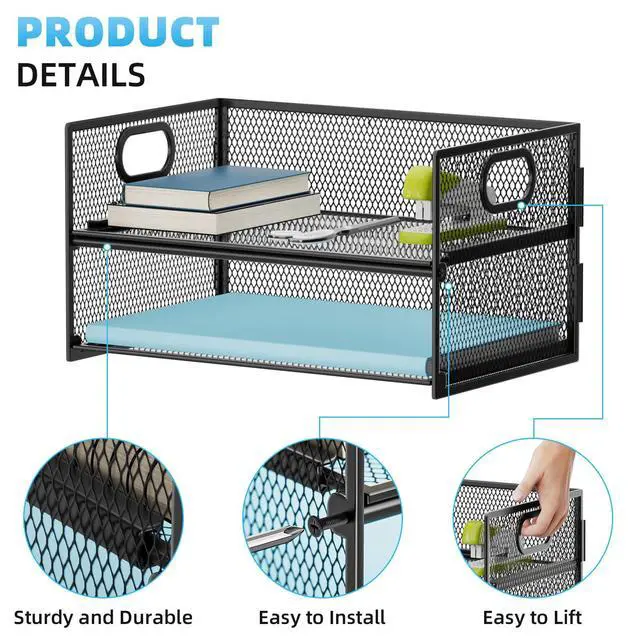 Alt view image 2 of 6 - 2 Tier Paper Organizer Letter Tray, Mesh File Organizer with Handle, Paper Sorter Desk Organizer for Home Office Supplies - Black