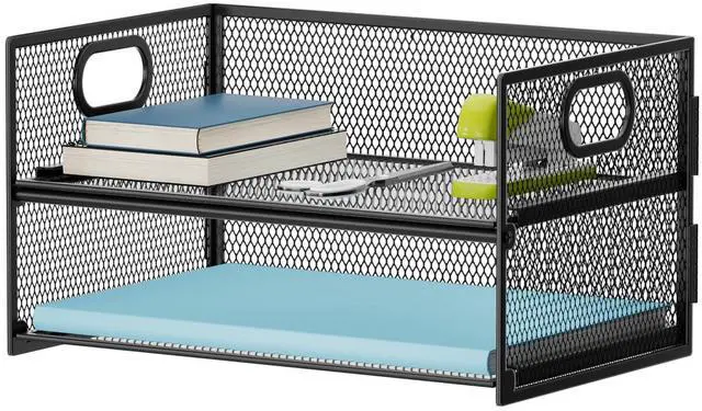 Main image of 2 Tier Paper Organizer Letter Tray, Mesh File Organizer with Handle, Paper Sorter Desk Organizer for Home Office Supplies - Black