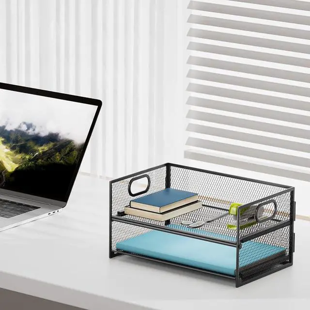 Alt view image 3 of 6 - 2 Tier Paper Organizer Letter Tray, Mesh File Organizer with Handle, Paper Sorter Desk Organizer for Home Office Supplies - Black